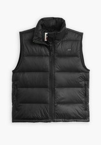 Chaleco acolchado negro con un cuello alto, cierre frontal y dos bolsillos laterales. Material suave con textura y secciones acolchadas.