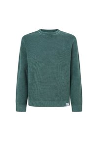 Grüner Strickpullover mit strukturiertem Muster, rundem Ausschnitt und gerippten Bündchen und Saum. Verfügt über ein kleines Etikett an der unteren linken Seite.