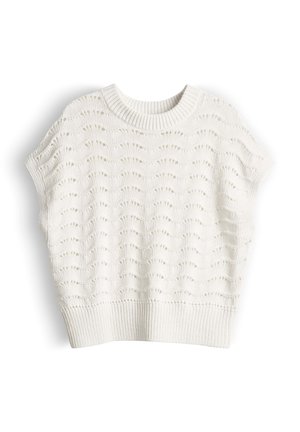 Maglione bianco a maniche corte, lavorato a maglia con motivo traforato ondulato e girocollo, polsini e orlo a costine.