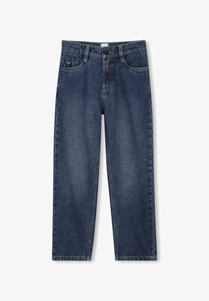 Donkerblauwe denim jeans met een rechte pasvorm, voorzien van een knoopsluiting, vijf zakken en subtiele vervaging aan de voorkant.