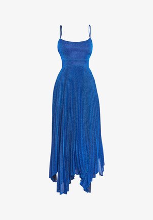 Vestido azul sin mangas con tirantes de espagueti, corsé ajustado y falda larga plisada con dobladillo desigual.