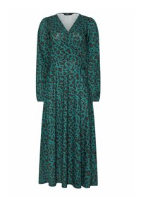 Robe longue en teal avec un imprimé léopard noir. Dotée d'un décolleté en V, de manches longues et d'un détail à nouer à la taille. Texture de tissu lisse.