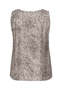Ärmløs beige top med et sort leopardprint mønster, der har en glat tekstur og en let buet halsudskæring.
