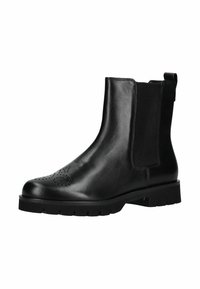 Botte Chelsea en cuir noir avec panneaux élastiques latéraux et tirette. Présente un motif perforé sur l'orteil et une semelle en caoutchouc texturée.