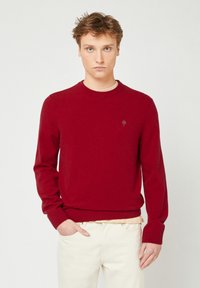 Maglione rosso a maglia con scollo rotondo e maniche lunghe, caratterizzato da un sottile logo ad albero e polsini e orlo a costine. Indossato con pantaloni chiari.