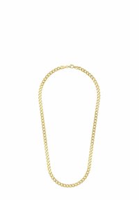 Collana in oro con catena di anelli ovali intrecciati e chiusura a moschettone su sfondo bianco.