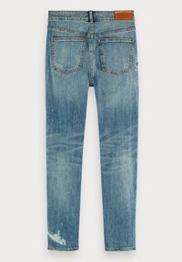 Light blue denim jeans with a faded wash, distressed details, five pockets, and a brown leather tag on the waistband.