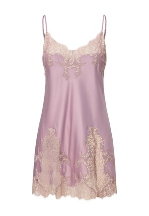 Vestido slip de satén lavanda con delicado encaje floral beige en el escote, el dobladillo y la parte inferior del frente, con finos tirantes ajustables.