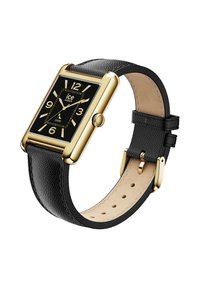 Schwarze Lederarmbanduhr mit einem rechteckigen goldenen Gehäuse, schwarzem Zifferblatt, weißen Stundenmarkierungen und einer seitlichen Krone zur Einstellung.