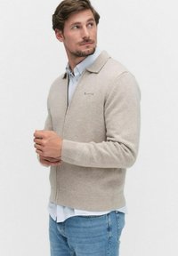 Beige stickad cardigan med dragkedja framtill, ribbade ärmslut och nederkant. Bärs över en ljusblå skjorta med krage, med en lätt ullstruktur.