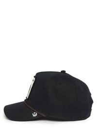 Black baseball cap with a curved visor, textured fabric, side logo patch, and eyelets for ventilation. Rear has an adjustable strap.