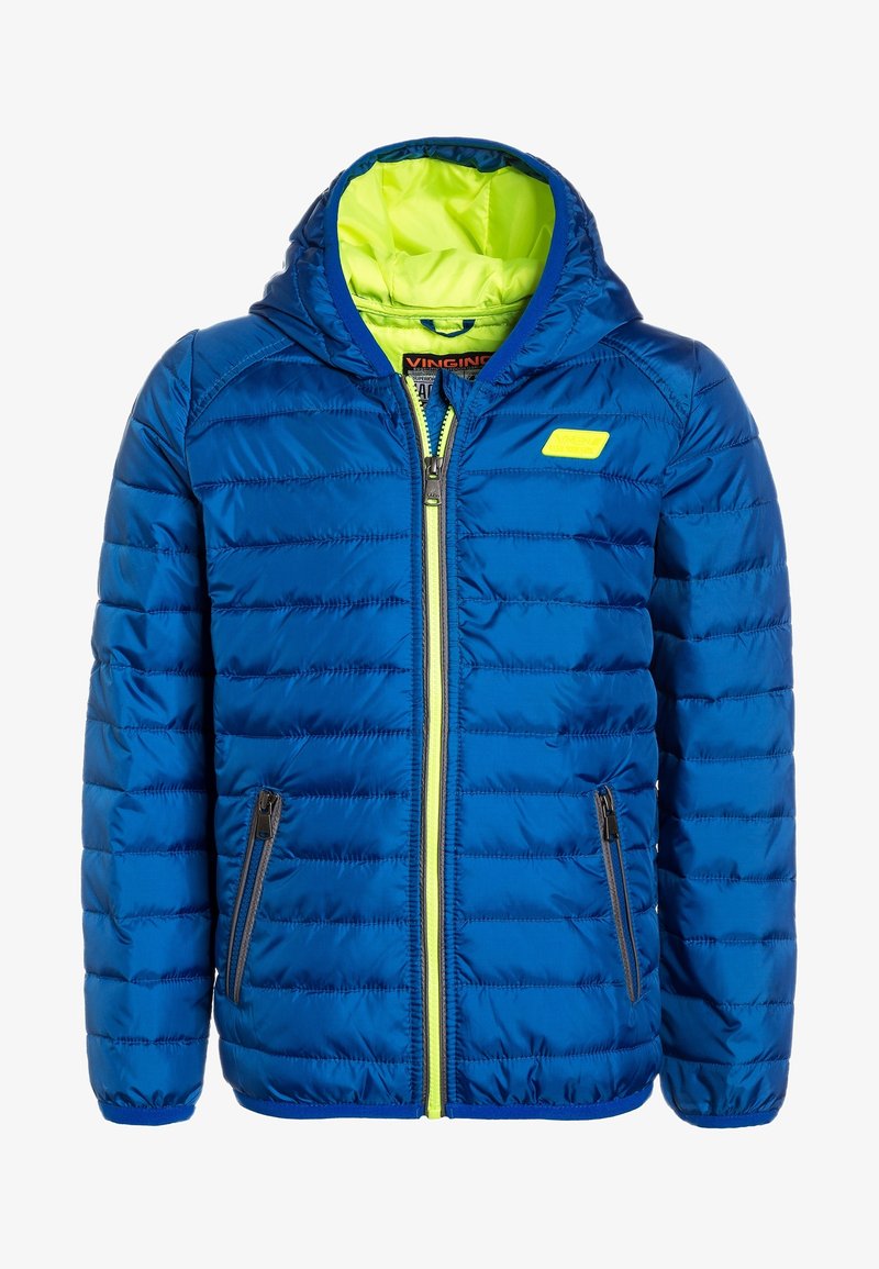 Doudoune bleue avec capuche, dotée d'une doublure et d'une fermeture éclair vert citron, ainsi que de deux poches frontales zippées. Texture matelassée horizontale.