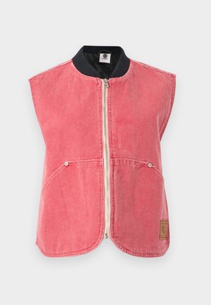 Αμάνικο ξεθωριασμένο ροζ γιλέκο με φερμουάρ, μπροστινές τσέπες, μαύρος ριμπ γιακάς και μικρό ορθογώνιο λογότυπο στο κάτω δεξί μέρος μπροστά.