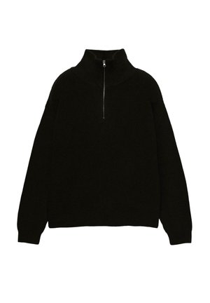Schwarzer Strickpullover mit hohem Kragen und Viertelreißverschluss. Verfügt über eine gerippte Textur und überschnittene Schultern für eine lockere Passform.