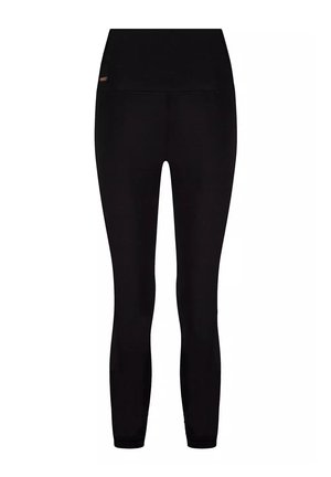 Schwarze Leggings aus einem glatten, dehnbaren Stoff, mit hohem Bund und minimalistischen Design. Keine auffälligen Muster oder Hardware-Details.