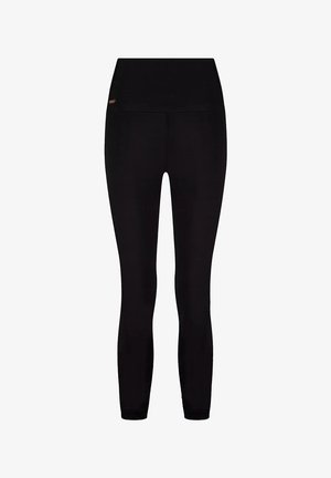 Schwarze Leggings aus einem glatten, dehnbaren Stoff, mit hohem Bund und minimalistischen Design. Keine auffälligen Muster oder Hardware-Details.