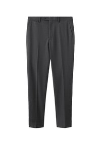 Szare, dopasowane spodnie z gładką fakturą, płaskim pasem, zapięciem na guzik i bocznymi kieszeniami, o prostym kroju nogawek.