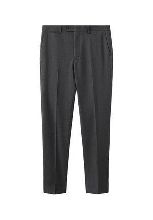 Szare, dopasowane spodnie z gładką fakturą, płaskim pasem, zapięciem na guzik i bocznymi kieszeniami, o prostym kroju nogawek.