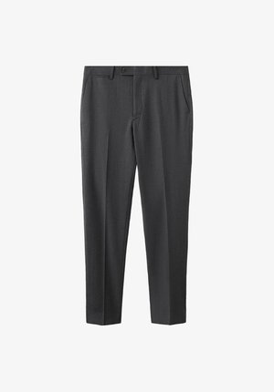 Grijze op maat gemaakte broek met een gladde textuur, een platte tailleband, knoopsluiting en zijzakken, met een rechte pijpvorm.