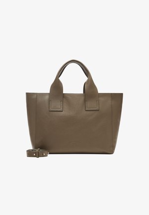 Brązowa skórzana torba tote z podwójnymi uchwytami u góry, prostokątnym kształtem, gładką teksturą i odpinanym paskiem. Minimalistyczny design z logo.