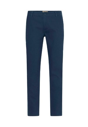 Navy blue trousers made of durable cotton fabric, featuring a straight-leg design, front button closure, and belt loops.
