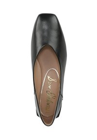 Scarpa in pelle nera con punta квадратная e lati aperti. La soletta presenta la scritta "Sam Edelman" in oro. Tessuto liscio con un design elegante.