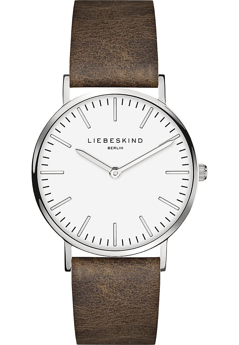 Analogischer Armbanduhr mit weißem Zifferblatt, silbernem Gehäuse, braunem Lederarmband, dünnen Stundenmarkierungen und minimalistischem Design. Markenname: LIEBESKIND.