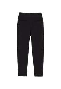 Melni legingi ar pieguļošu dizainu, izgatavoti no mīksta materiāla, ar auklu jostasvietā un divām aizmugurējām kabatām.