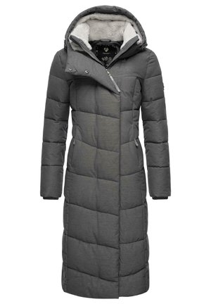 Long grey puffer coat with a quilted pattern, featuring a hood, a soft fleece lining, and zippered side pockets.
