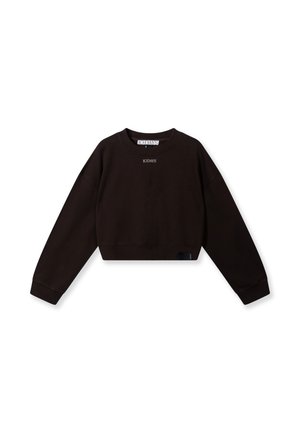 Abgeschnittenes schwarzes Sweatshirt aus weichem Stoff. Mit Rundhalsausschnitt, langen Ärmeln und einem kleinen Logo auf der Vorderseite. 