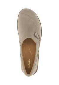 Light gray suede shoe with a rounded toe, slip-on design, decorative stitching, and a silver button accent. Contour cushioned insole.