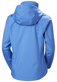 Niebieska wodoodporna kurtka z kapturem, gładką fakturą, detalami szwów i luźnym krojem. Widok z tyłu nie pokazuje widocznych znaków ani wzorów.