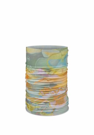 Scaldacollo tubolare senza cuciture con motivo floreale astratto multicolore in tonalità di verde, giallo, blu e arancione su tessuto.