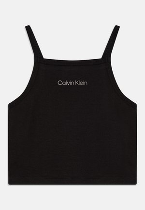 Canotta nera realizzata in cotone morbido, con spalline sottili e un logo centrale "Calvin Klein" in bianco sul davanti.