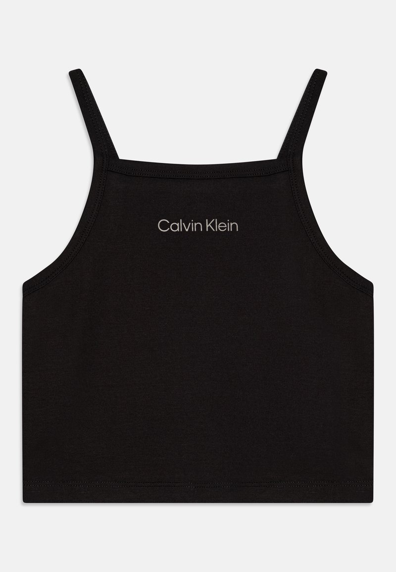 Svart tank top laget av glatt bomull, med tynne stropper og en sentral "Calvin Klein"-logo i hvit tekst på forsiden.