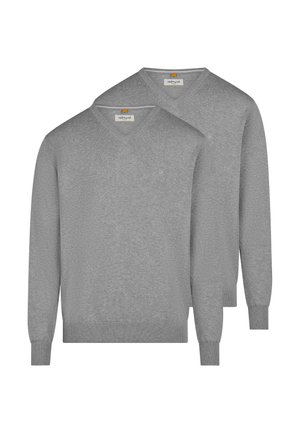 Deux pulls à col en V gris uni à manches longues, avec poignets et ourlets côtelés, superposés avec des étiquettes de marque visibles à l'intérieur des cols.