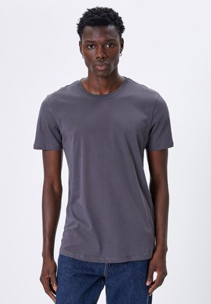 Graues T-Shirt mit kurzen Ärmeln aus Baumwolle, mit rundem Ausschnitt, figurbetontem Schnitt und einer glatten, weichen Textur. Geeignet für die Freizeit.