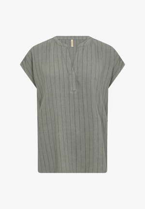 Green striped short-sleeve top with a placket neckline. Made of lightweight fabric, featuring vertical lines in darker shades.