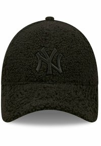 Schwarze Baseballmütze aus strukturiertem Fleece-Material. Verfügt über ein erhabenes schwarzes Logo auf der Vorderseite und einen gebogenen Schirm.