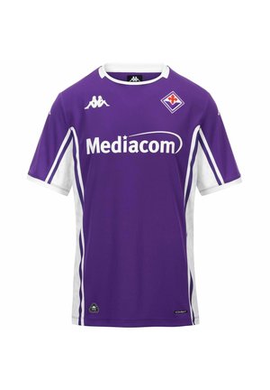 Maglia da calcio viola con strisce laterali bianche, logo Mediacom al centro davanti, loghi Kappa e stemma del club Fiorentina sul petto.
