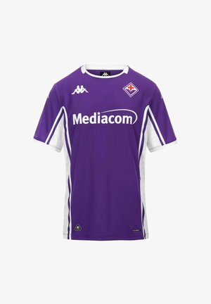 Maillot de football violet avec des bandes blanches sur les côtés, logo Mediacom au centre devant, logos Kappa et écusson du club Fiorentina sur la poitrine.