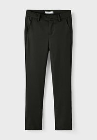 Črne hlače iz gladkega blaga s slim fit krojem, opremljene s stranskimi žepi in gumbom za zapiranje v pasu.