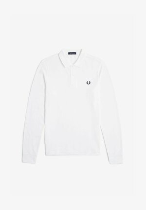 Polo a maniche lunghe bianco realizzato in cotone, con colletto, patta di chiusura a tre bottoni e un piccolo logo ricamato nero sul petto.
