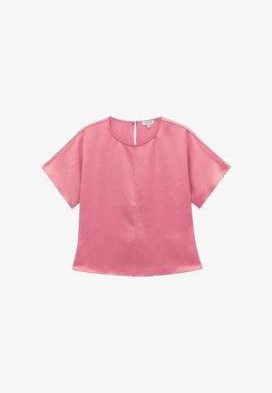 Lyhythihainen paita kirkkaan vaaleanpunaisesta kankaasta, jossa on pyöreä kaula-aukko ja takana vetoketju. Sileä rakenne yksinkertaisella, minimalistisella muotoilulla.