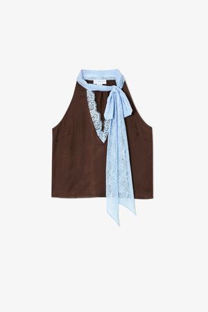 Brown sleeveless top with a lace-trimmed neckline and a light blue lace scarf tied at the collar. Features two front pockets.