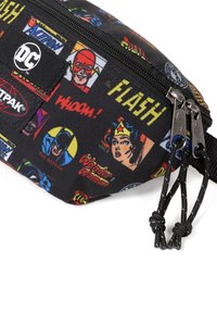 Black fabric pouch featuring colorful DC Comics character graphics, zipper closure, and double pull tabs with black cord accents.