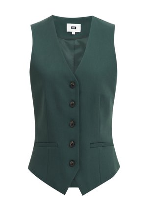 Green vest with a v-neckline, five black buttons, and two front pockets; made from smooth fabric with a tailored fit and structured shape.