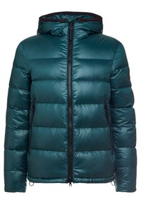Giubbotto imbottito teal con trapuntatura orizzontale, zip frontale, tasche laterali con zip e cappuccio attaccato con cordini regolabili.