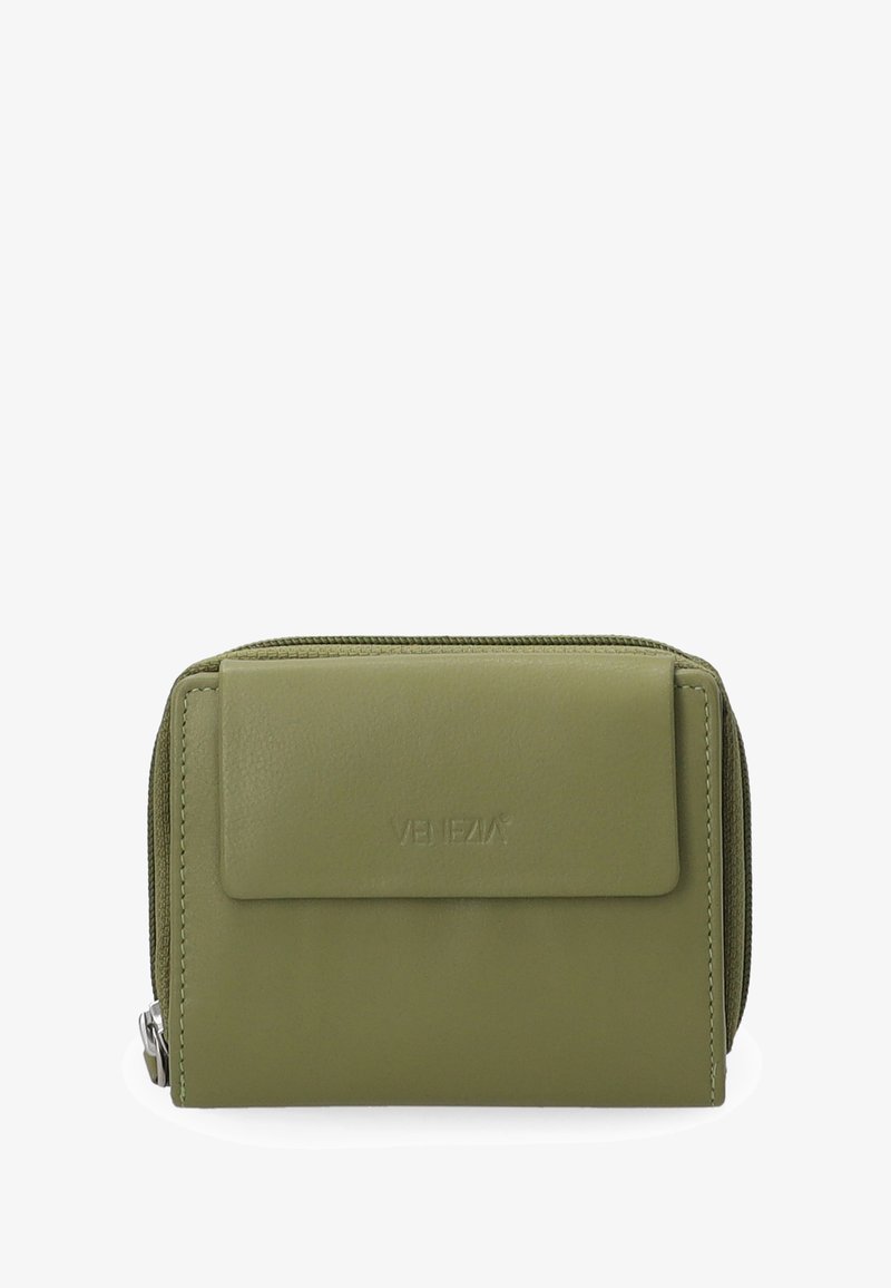 Olivengrøn læderpung med en glat overflade, lynlås lukning og en frontklap. Har et præget logo. Rektangulær design.