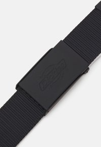 Svart webbad nylonbälte med en plastspänne, som har en logo. Den vävda texturen ger hållbarhet och en säker passform.